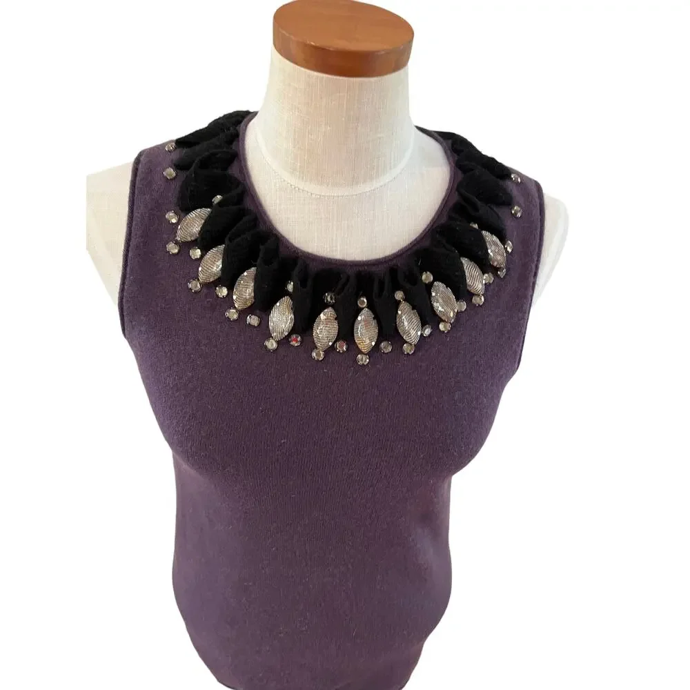 Tory Burch cashmere sweater vest plum Embellished neckline M